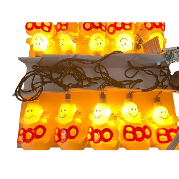Vintage Halloween Ghost “Boo” String Lights Blow Mold Set Of 10 Pumpkin Time Box - Picture 2 of 5